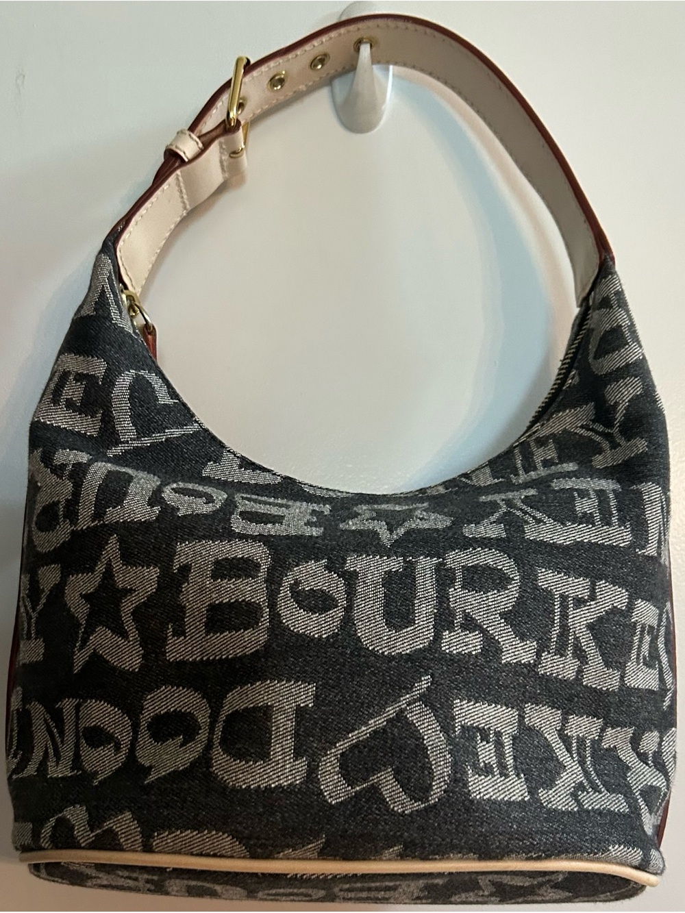 Dooney & Bourke Hearts & Stars Hobo Shoulder Bag Made in Italy Dark Blue & Cream - Picture 3 of 16